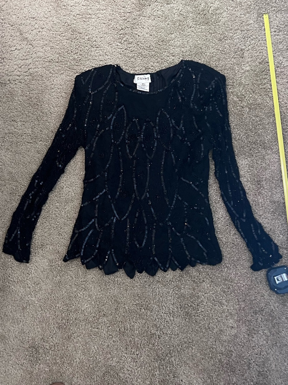 Stenay Goth Silk Black Beaded Long-Sleeve Scalloped Hem Top XL